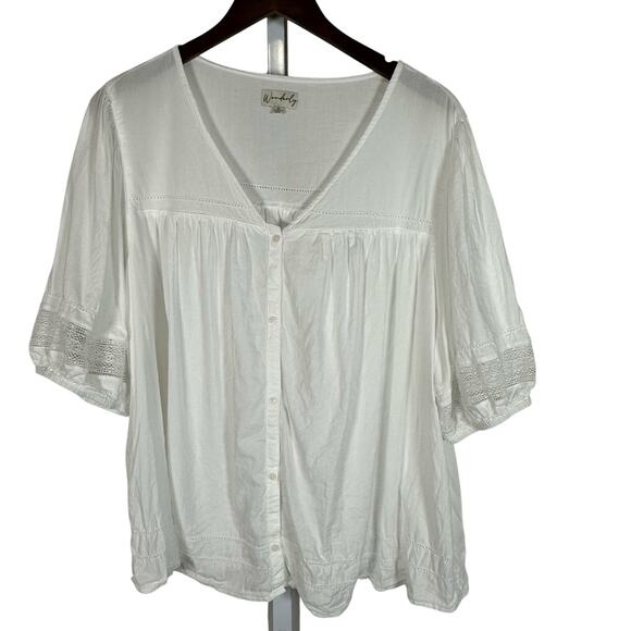 Wonderly‎ White Oversized Lace-Trim Button Front Blouse XL Boho Romantic - Picture 1 of 8